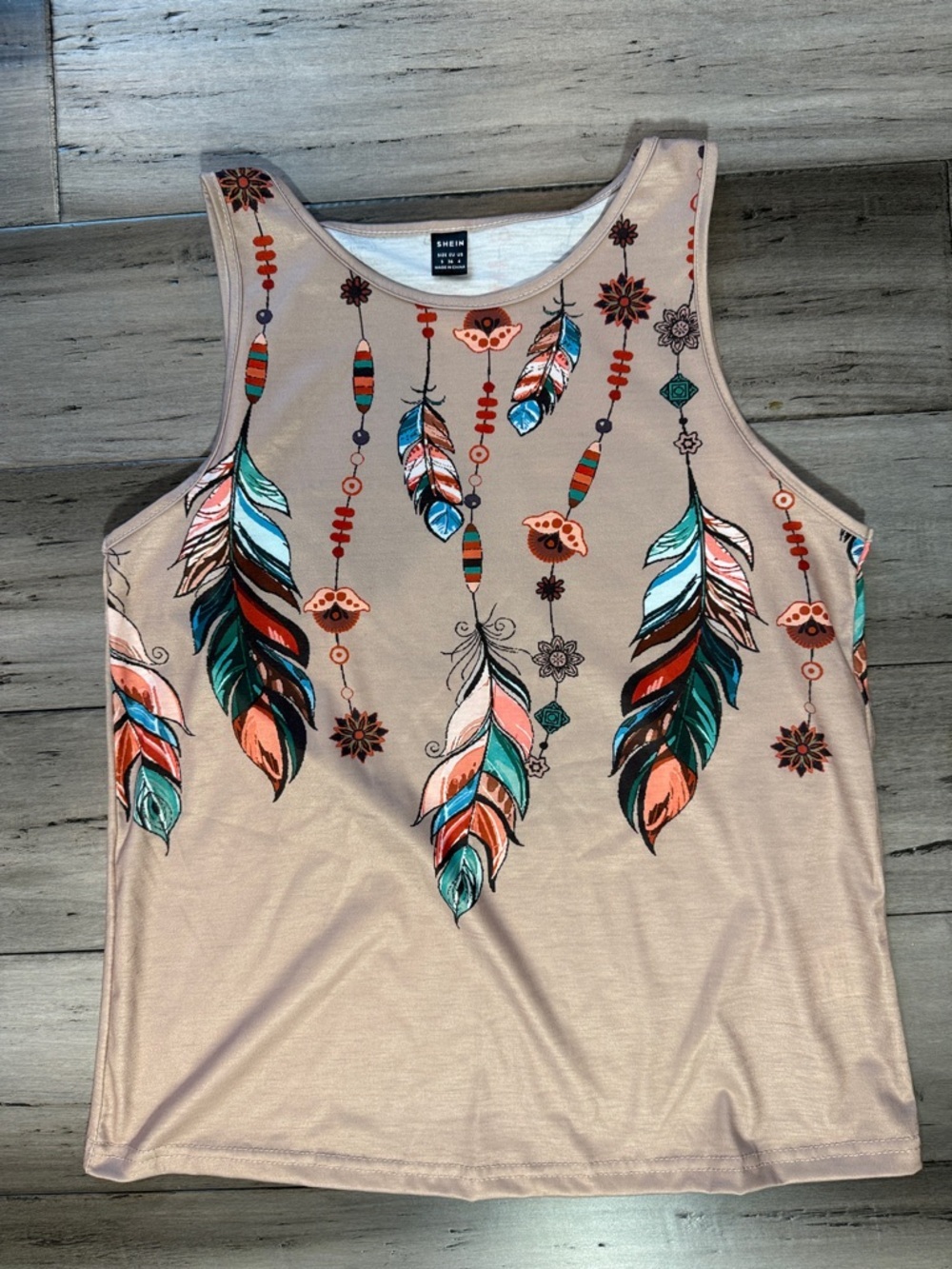 NWOT SHEIN Blush Tank Top with Teal & Coral Feather Print